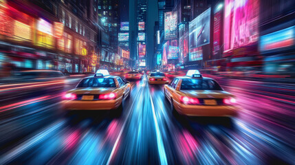 Fototapeta premium Futuristic neon-lit city, speeding taxi, motion blur, night, vibrant urban scene, cyberpunk style