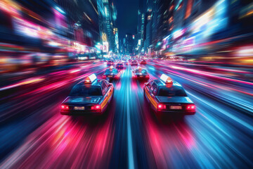 Futuristic neon-lit city, speeding taxi, motion blur, night, vibrant urban scene, cyberpunk style