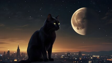 Cinematic black cat with a crescent moon scene hd desktop wallpaper