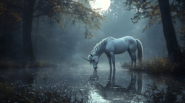 A unicorn with a glittering silver horn drinks from a moonlit lake, a halo of soft light encircling the scene, Fantasy, Matte painting, cool tones, otherworldly forest setting