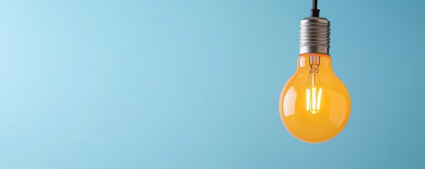 A hanging yellow light bulb illuminates against a soft blue background, creating a warm and inviting atmosphere.