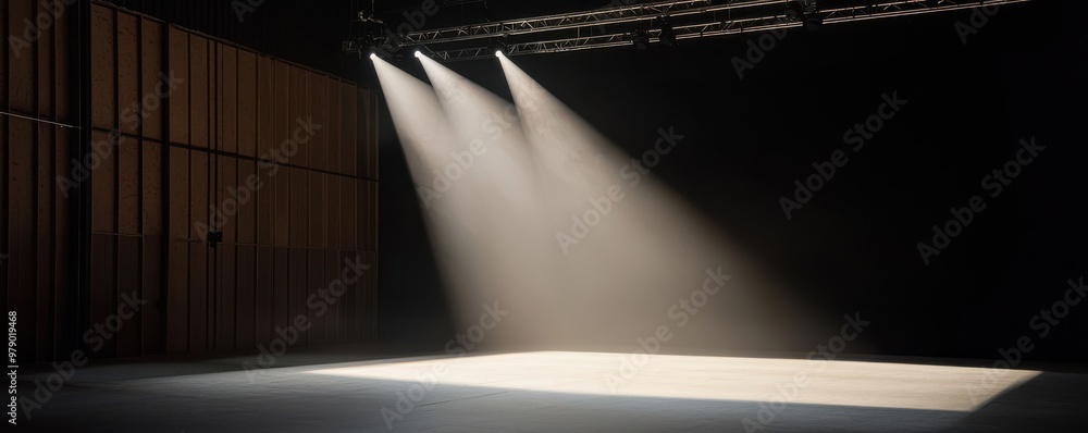 Poster a serene stage illuminated by focused lights, creating an inviting atmosphere for performances or pr