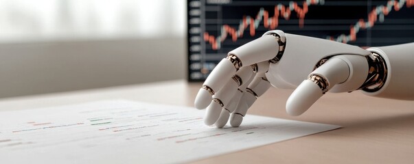 A robotic hand reaches for a document, illustrating technology and automation in business processes and financial analysis.