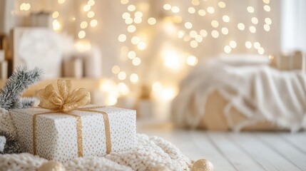 A white gift box with a gold ribbon sits on a white surface. The background is a blurry image of lights and other gift boxes