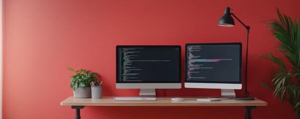 Modern workspace featuring dual monitors, a stylish desk lamp, and a vibrant red wall, perfect for tech enthusiasts and remote workers.