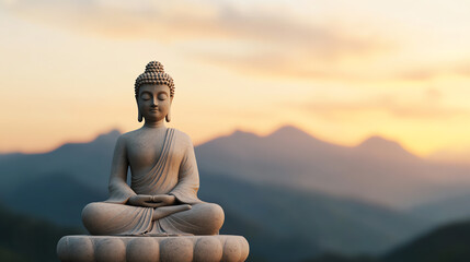 Fototapeta premium A serene Buddha statue surrounded by mountains during a tranquil sunset, symbolizing peace and mindfulness.