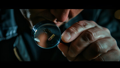 Detective exploring bullet shell with magnifying glass on black background, closeup
