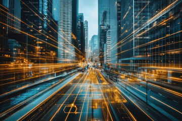 Naklejka premium Futuristic cityscape with neon lights, glass reflections, digital interface, and geometric patterns