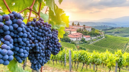 A close-up of ripe, dark grapes growing on a vine in a vineyard, with rows of vines and a picturesque village and mountains in the background