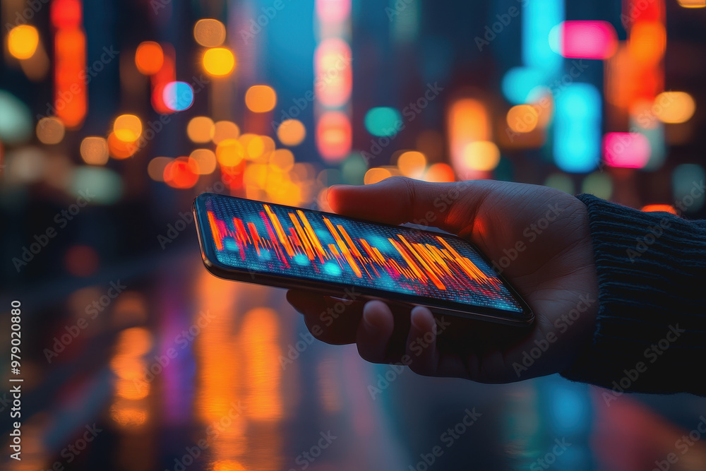 Poster hand holding phone with glowing digital charts, tech-focused with bokeh lights and data screens