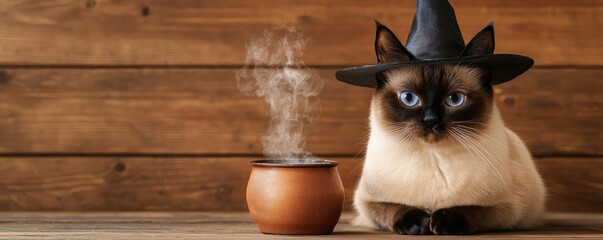A charming cat wearing a witch hat sits beside a steaming pot, perfect for Halloween or cozy autumn themes.