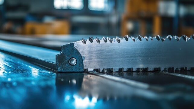 Industrial handsaw close-up in a warehouse, focusing on the bladeas teeth and reflective surface. No logos, no people present, sharp focal point on the cutting edge.