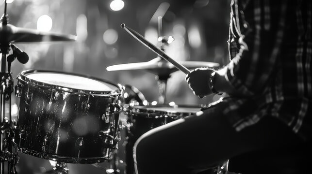 Cinematic view of drum set close up, showcasing drummer in action. black and white tones enhance dramatic atmosphere, capturing rhythm and energy of performance - Powered by Adobe