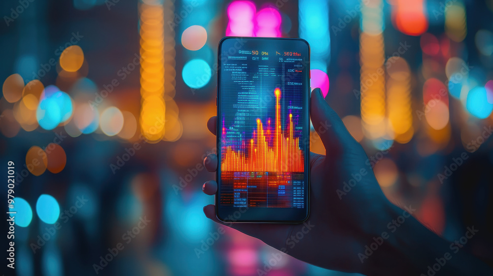 Poster hand holding phone with glowing digital charts, tech-focused with bokeh lights and data screens