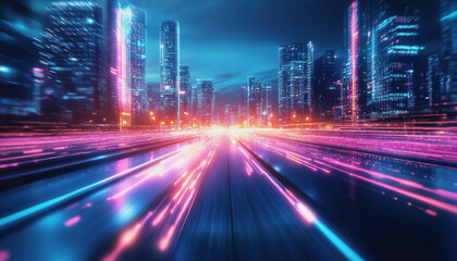 Obraz premium Futuristic cityscape with neon lights, glass reflections, digital interface, and geometric patterns