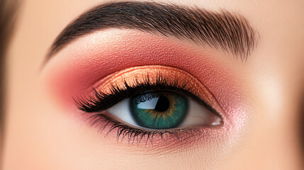 Obraz premium Close-up of an eye with vibrant makeup featuring orange and pink tones, showcasing a striking blue-green iris and defined lashes.