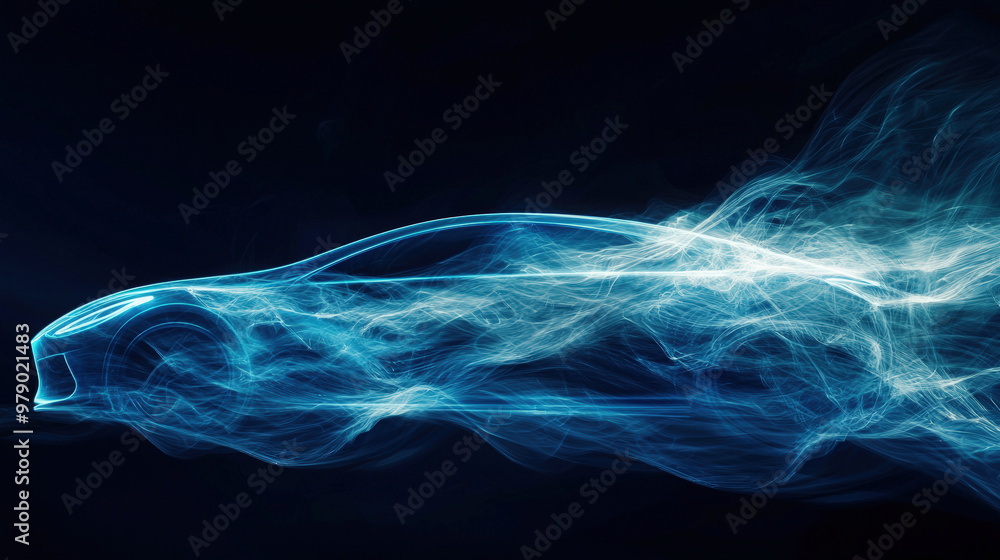 Poster a conceptual ev car shape formed from swirling led light, showcasing futuristic design with dynamic 