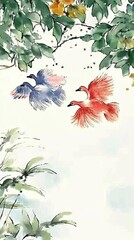 Watercolor Painting of Birds in Flight with Floral Elements
