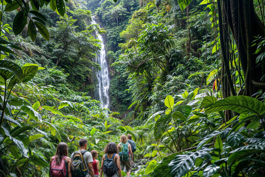 diverse family group of different ages on adventure trip in costa rica visiting waterfall and great vegetation