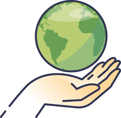 Open palm with a green globe floating above, symbolizing environmental care and sustainability.