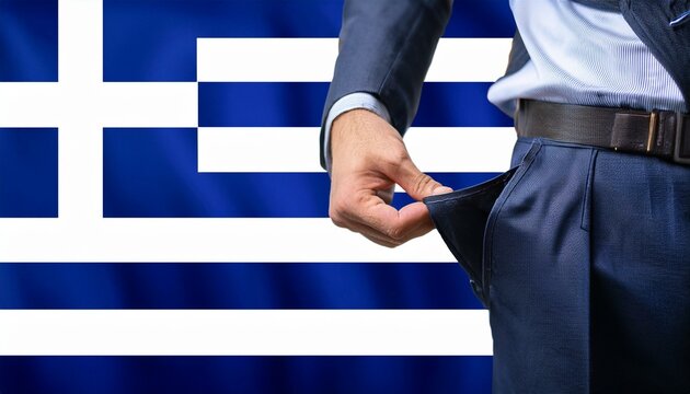 Close-up of a hand in a suit showing an empty pair of trousers in front of the greece flag. Topic Crisis and unemployment in greece.