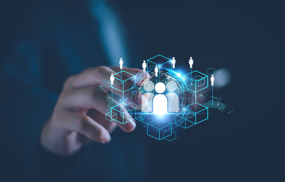Customer relationship management or CRM concept, Businessman showing Customer relationship community and business blockchain online network technology, Global customer service system brand loyalty
