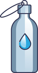 Illustration of a blue metal water bottle with a drop design, promoting sustainability and hydration.