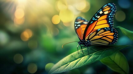 Fototapeta premium Monarch butterfly resting on a leaf in the sunlight