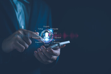 Translate languages technology concept, business man translate multi language ​​by speaking...