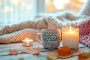 cozy ambient, cup of coffee, candles and white wood blanket by the window, fall winter vibes