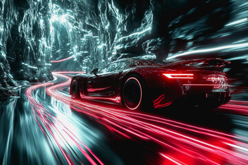 Naklejka premium Futuristic road with red neon light trails in a sci-fi landscape, dark rocky, high-tech atmosphere