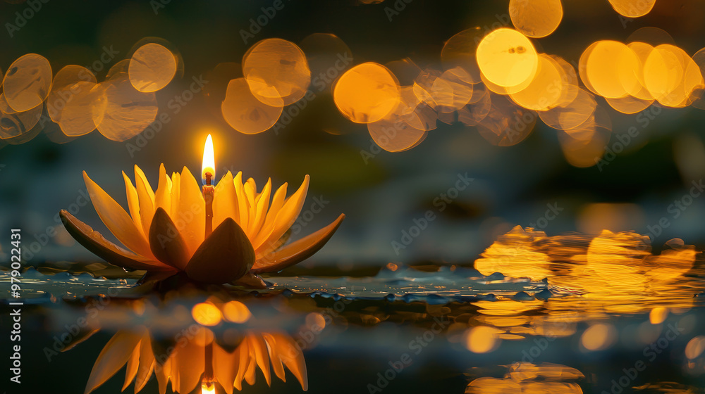 Poster a serene lotus flower floats on water, illuminated by single candle, creating tranquil atmosphere wi