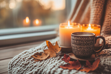 cozy ambient, cup of coffee, candles, leaves and wood blanket by the window, fall winter vibes