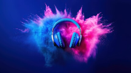 Fototapeta premium Blue Headphones with Vivid Color Powder Explosion