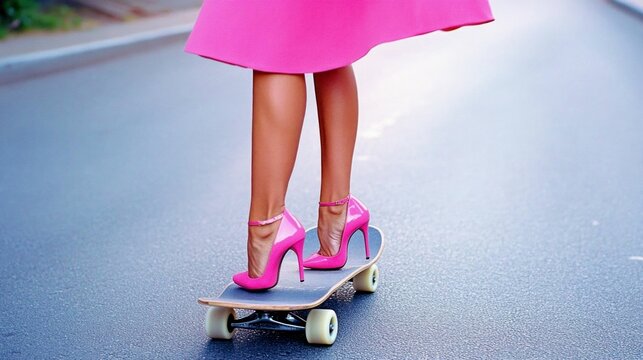 Woman in High Heels Riding Skateboard in Pink Dress