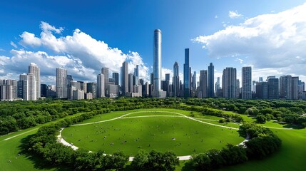 Obraz premium A panoramic view of a bustling city skyline featuring various skyscrapers, with spacious parks below where people are enjoying outdoor activities, symbolizing urban life