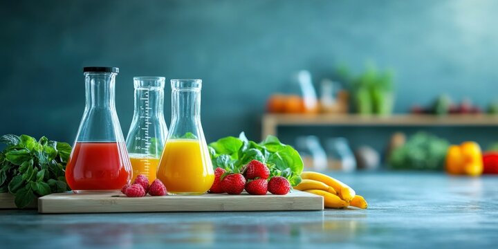 Fresh Fruits, Vegetables, and Juices in Laboratory Flasks for Organic Research