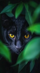 Black Cat with Yellow Eyes Peering Through Green Leaves
