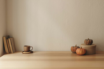 Moody autumn interior still life. Orange pumpkins round box, old books and cup of coffee or tea on wooden table. Thanksgiving, Halloween home decor. Scandi interior. Empty beige wall background