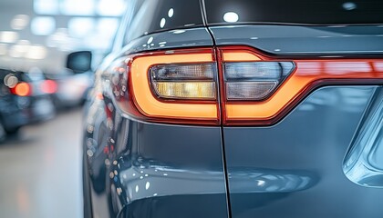 Fototapeta premium Close-up Detail of a Modern Cars Taillight with Showroom Reflections, Automotive Industry Image