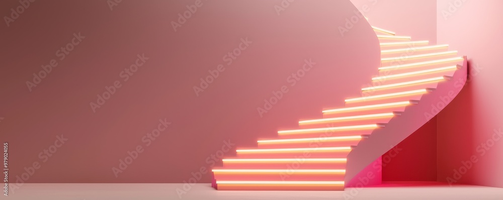 Poster a modern spiral staircase with soft pink walls and glowing lights, creating a serene and inviting at