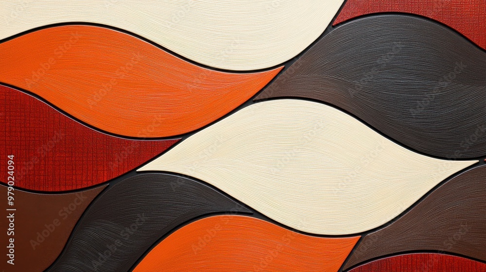 Poster abstract pattern with wavy lines and curved shapes in red orange brown and beige colors