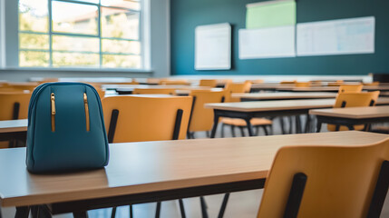 Empty classroom with rows of wooden desks and chairs neatly arranged