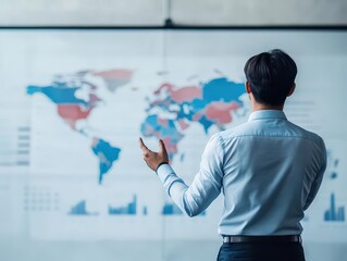 A sales executive giving a presentation to an international audience with charts and graphs showing global expansion