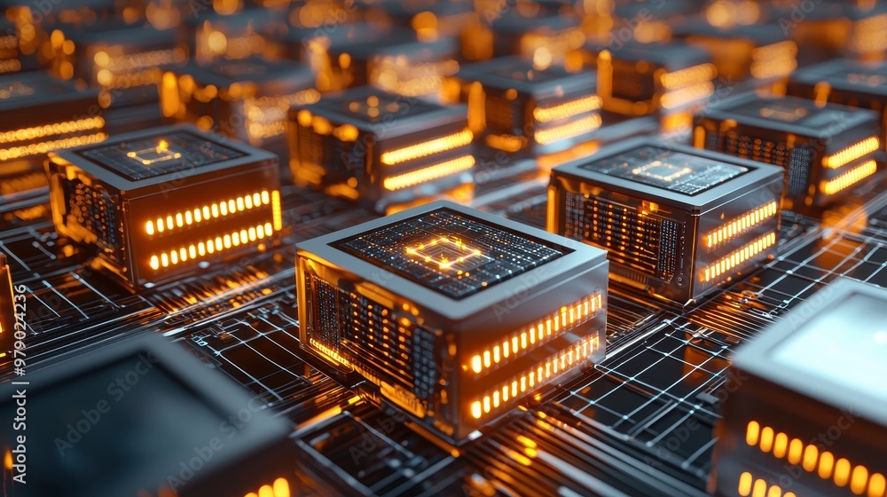 Poster futuristic server racks with glowing lights and circuit board background