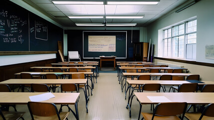 Empty classroom with rows of wooden desks and chairs neatly arranged