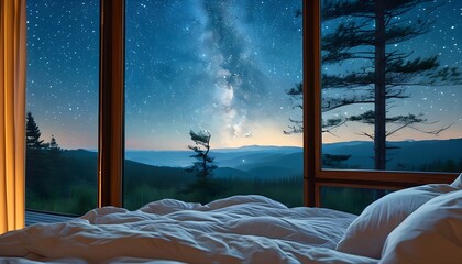 Serene Bedroom Retreat with Breathtaking Starry Night Sky View Through Generous Window