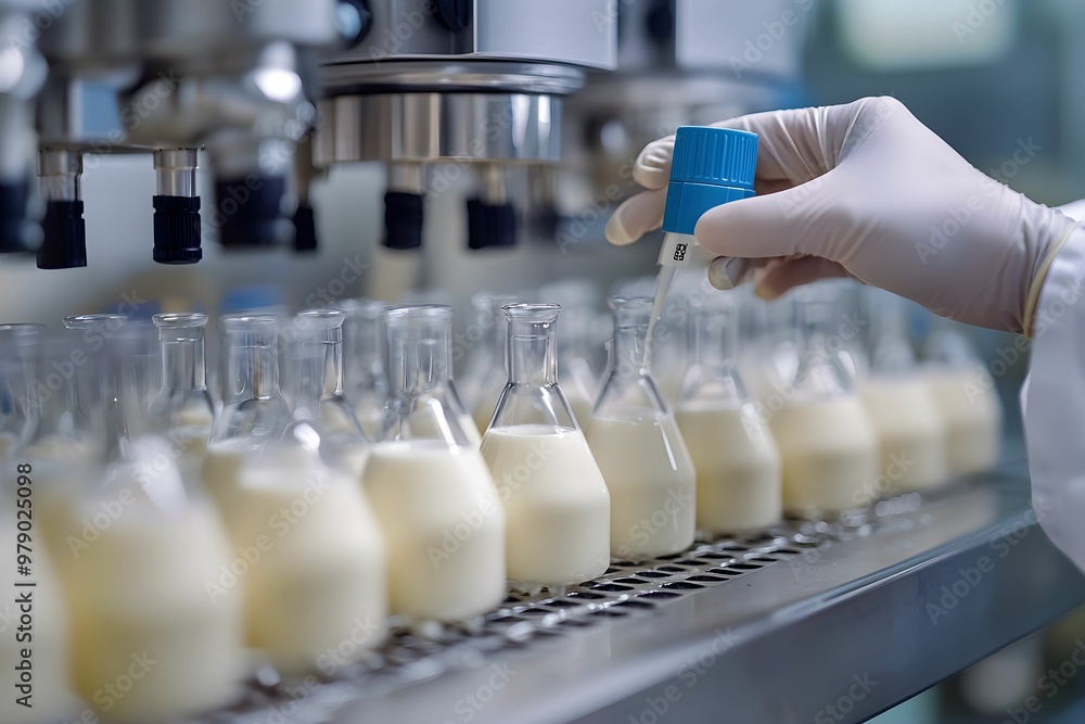 Poster tech filling flasks with liquid at a processing facility