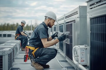 Techs servicing rooftop AC units at a busy site