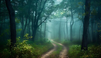 Pathway in the forest in foggy morning.